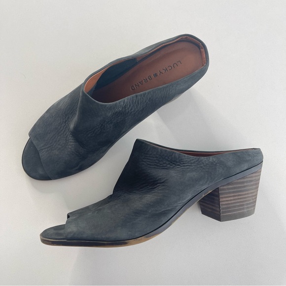 Lucky Brand Peeptoe Stacked Heel Mules Steel Blue Women’s Size 8.5 - Picture 1 of 10